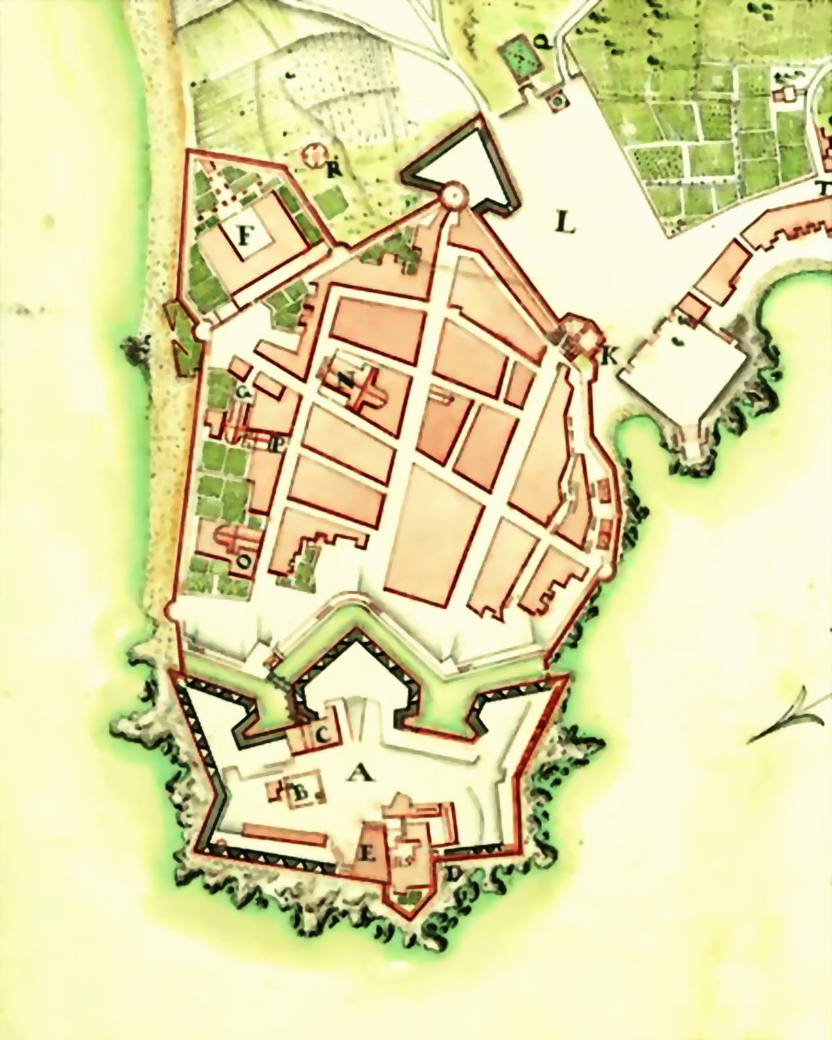 Anonimo (XVIII secolo), “Plan de la Ville et Citadelle d’Aiaccio”, 1787, inchiostro e acquerello su carta (particolare rielaborato raffigurante la cerchia muraria e la Cittadella di Ajaccio). Parigi (Île-de-France – Francia), Bibliothèque Nationale de France, département Arsenal, MS-6434