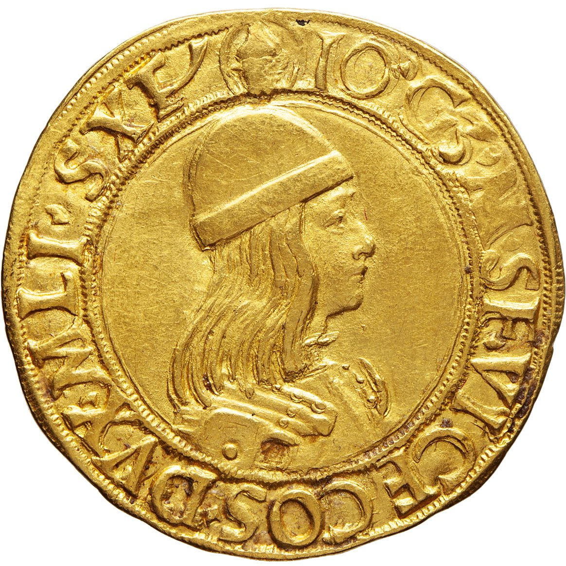 Dritto di doppio ducato di Milano. IO·GZ·M·SF·VICECOS·DVX·MLI·SXT. Dominio di Gian Galeazzo Maria Sforza (1476-1494), oro. Lilla (Nord, Alta Francia – Fiandre Francesi, Francia), collezione privata