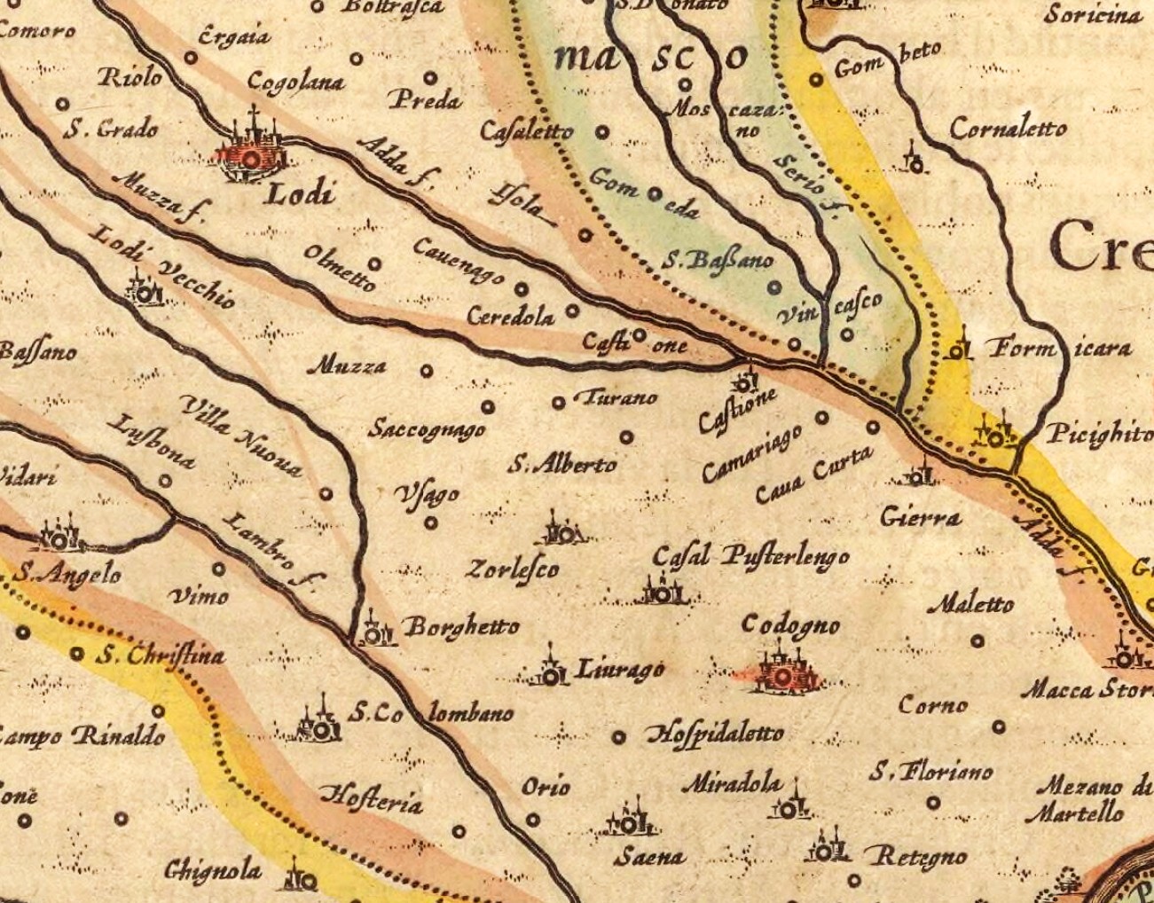 Jan Jansson (1588-1664), ”Territorio di Pavia, Lodi, Novarra, Tortona, Alessandria et altri vicini dello Stato di Milano„, metà degli Anni Trenta del XVII secolo, incisione colorata a mano (particolare raffigurante gli odierni territori di Abbadia Cerreto, Bertonico, Borghetto Lodigiano, Casaletto Ceredano, Casalpusterlengo, Castelgerundo, Castiglione d’Adda, Cavenago d’Adda, Chignolo Po, Codogno, Corno Giovine, Cornegliano Laudense, Cornovecchio, Credera Rubbiano, Fombio, Formigara, Gombito, Graffignana, Livraga, Lodi, Lodi Vecchio, Maccastorna, Mairago, Maleo, Meleti, Montodine, Orio Litta, Ospedaletto Lodigiano, Ossago Lodigiano, San Bassano, San Colombano al Lambro, San Fiorano, San Martino in Strada, Sant’Angelo Lodigiano, Santa Cristina e Bissone, Santo Stefano Lodigiano, Secugnago, Senna Lodigiana, Terranova dei Passerini e Turano Lodigiano). Tratto da: Jan Jansson, ”Atlas Novus, Sive Theatrum Orbis Terrarum: In Quo Hispaniae, Italiae, Asiae, Africae, nec-non Americae Tabulae et Descriptiones luculentissimae„, Amsterdam, Jan Jansson, 1636. Parigi (Île-de-France – Francia), Biblioteca Nazionale di Francia